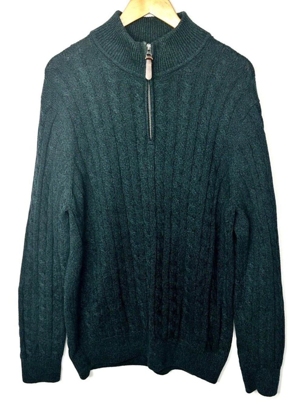Denver Hayes Cable Knit 1/4 Zip Sweater Mens L Green Cotton Mock Neck Textured